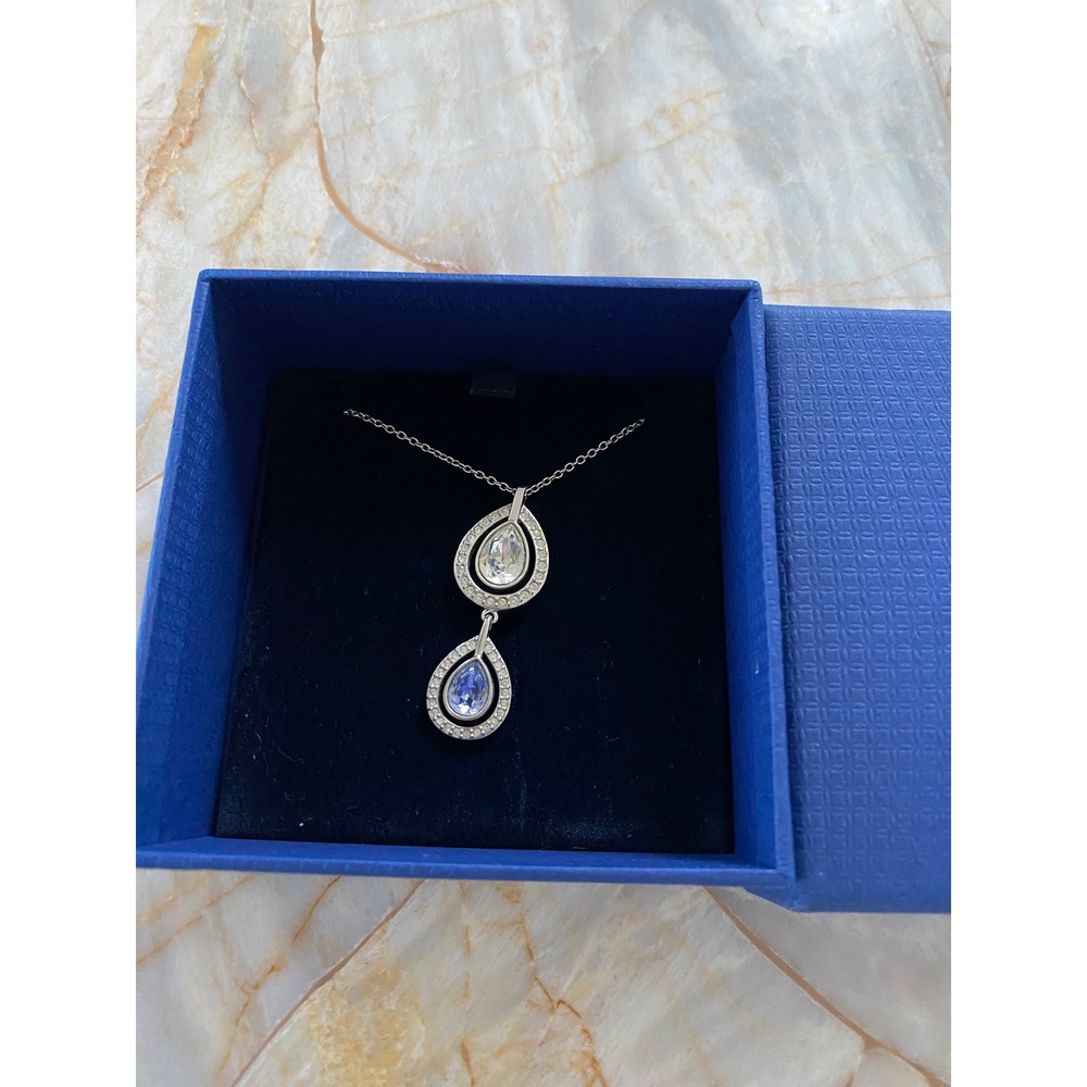 Swarovski Blue and Clear Crystal Double Pear Drop Pendant Necklace Silver Tone